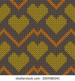 Fair isle heart knit nordic vector seamless pattern. Knitted imitation valentine ornament. Woolen peculiar heart knit cloth textile love symbols pattern. Knitted fashion.