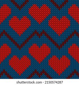Fair isle heart knit nordic vector seamless pattern. Knitted imitation valentine ornament. Jumper snug heart knit cloth textile love symbols pattern. Knitted design.