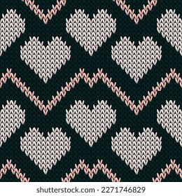 Fair isle heart knit nordic vector seamless pattern. Knitting imitation valentine ornament. Woolen orderly heart knit cloth textile love symbols pattern. Knitting design.