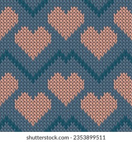 Fair isle heart knit nordic vector seamless pattern. Knitwear texture valentine ornament. Sweater unusual heart knit cloth textile love symbols pattern. Knitted design.