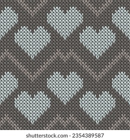 Fair isle heart knit nordic vector seamless pattern. Knitwear texture valentine ornament. Sweater tidy heart knit cloth fabric love symbols pattern. Knitting design.