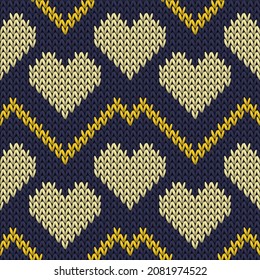 Fair isle heart knit norwegian vector seamless pattern. Knitted crochet valentine ornament. Jumper peculiar heart knit cloth fabric love symbols pattern. Knitting design.