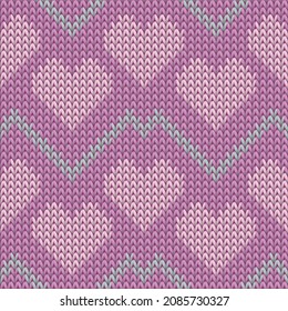 Fair isle heart knit norwegian vector seamless pattern. Knitted imitation valentine ornament. Sweater snug heart knit cloth textile love symbols pattern. Knitting fashion.