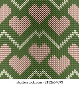 Fair isle heart knit norwegian vector seamless pattern. Knitting imitation valentine ornament. Sweater trim heart knit cloth fabric love symbols pattern. Knitwear fashion.