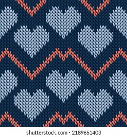 Fair isle heart knit norwegian vector seamless pattern. Knitted crochet valentine ornament. Woolen snug heart knit cloth textile love symbols pattern. Knitted design.