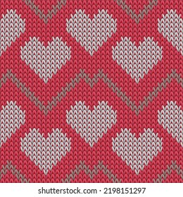 Fair isle heart knit norwegian vector seamless pattern. Knitting crochet valentine ornament. Jumper trim heart knit cloth fabric love symbols pattern. Knitted fashion.