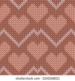 Fair isle heart knit norwegian vector seamless pattern. Knitting crochet valentine ornament. Jumper tidy heart knit cloth textile love symbols pattern. Knitting design.