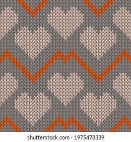 Fair isle heart knit scandinavian vector seamless pattern. Knitting crochet valentine ornament. Jumper unusual heart knit cloth fabric love symbols pattern. Knitting design.