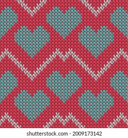 Fair isle heart knit scandinavian vector seamless pattern. Knitted crochet valentine ornament. Jumper trim heart knit cloth fabric love symbols pattern. Knitwear fashion.