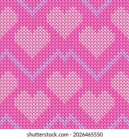 Fair isle heart knit scandinavian vector seamless pattern. Knitted texture valentine ornament. Woolen unusual heart knit cloth textile love symbols pattern. Knitting fashion.