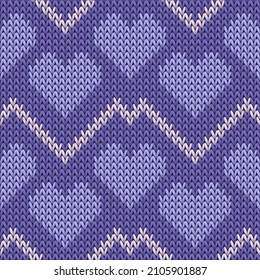 Fair isle heart knit scandinavian vector seamless pattern. Knitted texture valentine ornament. Sweater peculiar heart knit cloth fabric love symbols pattern. Knitted fashion.