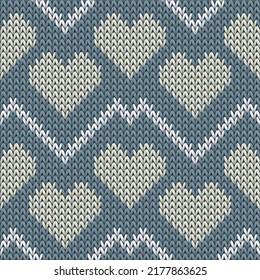 Fair isle heart knit scandinavian vector seamless pattern. Knitted crochet valentine ornament. Jumper unusual heart knit cloth textile love symbols pattern. Knitwear fashion.