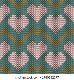 Fair isle heart knit traditional vector seamless pattern. Knitting imitation valentine ornament. Sweater peculiar heart knit cloth fabric love symbols pattern. Knitting fashion.