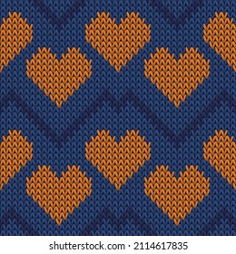 Fair isle heart knit traditional vector seamless pattern. Knitting texture valentine ornament. Sweater unusual heart knit cloth textile love symbols pattern. Knitted design.