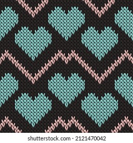 Fair isle heart knit traditional vector seamless pattern. Knitted imitation valentine ornament. Sweater snug heart knit cloth fabric love symbols pattern. Knitwear fashion.