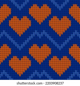 Fair isle heart knit traditional vector seamless pattern. Knitwear crochet valentine ornament. Woolen snug heart knit cloth textile love symbols pattern. Knitted design.