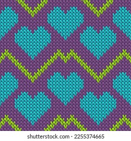 Fair isle heart knit traditional vector seamless pattern. Knitwear texture valentine ornament. Sweater peculiar heart knit cloth textile love symbols pattern. Knitwear fashion.