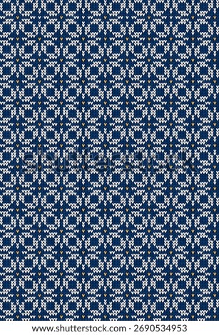 Fair Isle Knitted Pattern, Cozy Nordic Winter Texture. Scandinavian Christmas Sweater Seamless Design, White, Blue, Yellow Knit. Cozy Winter Fair Isle Background, Knitted Pattern Vector Illustration