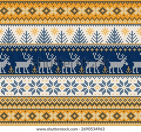 Fair Isle Knitted Pattern, Cozy Nordic Winter Texture. Scandinavian Christmas Sweater Seamless Design, White, Blue, Yellow Knit. Cozy Winter Fair Isle Background, Knitted Pattern Vector Illustration