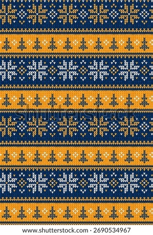 Fair Isle Knitted Pattern, Cozy Nordic Winter Texture. Scandinavian Christmas Sweater Seamless Design, White, Blue, Yellow Knit. Cozy Winter Fair Isle Background, Knitted Pattern Vector Illustration