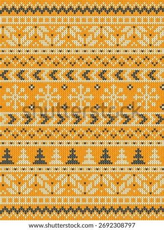 Fair Isle Knitted Pattern, Cozy Nordic Winter Texture. Scandinavian Christmas Sweater Seamless Design, White, Blue, Yellow Knit. Cozy Winter Fair Isle Background, Knitted Pattern Vector Illustration