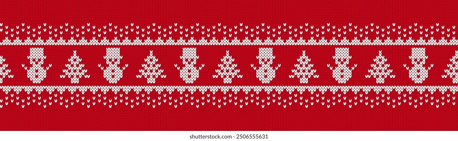 Fair isle ornament with christmas trees and snowmen. Festive Xmas ugly elements. Christmas knit seamless pattern. Sweater xmas border. Knitted print. Vector illustration