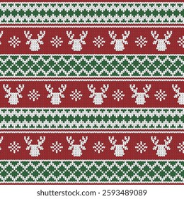 Fair isle ornament with snowflake deer. Festive Xmas ugly elements. Christmas knit seamless pattern. Vector illustration for Knitted print.