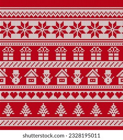 Fair isle ornament with snowflake, gingerbread man, tree, snowman, gift box, house. Festive Xmas ugly elements. Christmas knit seamless pattern. Sweater xmas border. Knitted print. Vector illustration