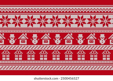 Fair isle ornament with snowflake, snowman, gift box, house. Festive Xmas ugly elements. Christmas knit seamless pattern. Sweater xmas border. Knitted print. Vector illustration