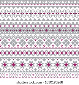 Fair Isle, Shtelands knitwear traditional vector seamless design, Christmas winter retro design in gray and pruple on white. Colorful textile folk art background inspired by traditional patterns from 