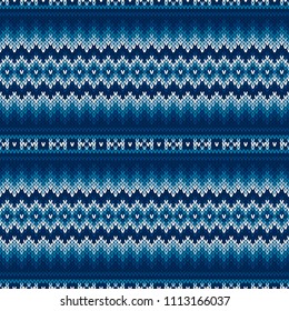 Fair Isle Style Sweater Knitted Pattern. Vector Seamless Knit Texture with Shades of Blue Colors. Christmas and New Year Background.