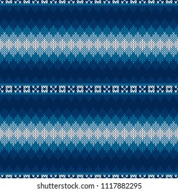 Fair Isle Style Sweater Knitted Pattern. Vector Seamless Knit Texture Imitation with Shades of Blue Colors