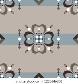 Fair Isle style vector seamless abstract pattern with brown white flowers on the beige background