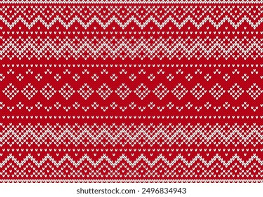 Fair isle traditional holiday background. Xmas print border. Red and white Christmas seamless ornament. Red knitted geometrical pattern. Festive sweater. Vector illustration.