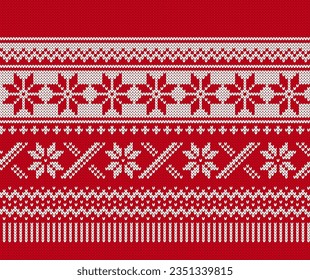 Fair isle traditional ornament. Christmas red knitted texture. Xmas print with snowflakes ornament border. Knit seamless pattern. Holiday background. Festive sweater. Vector illustration.