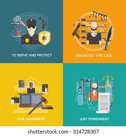  Fair Judgement And Just Punishment Icons Set With Breaking The Law And Police Flat Isolated Vector Illustration 