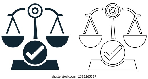 fair justice icon vector, balanced scales, law firms, legal fairness, judiciary, human rights, and ethical decision pictogram symbol ui and ux design, glyphs and stroke line