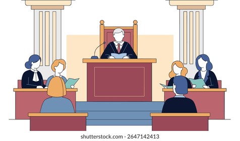 Justo Sistema de Justiça Tribunal Drama Juiz Advogado e Júri em Processo Judicial Ilustração