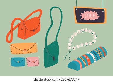 Fair of local artists. Leather goods, bags and purses, jewelry, bracelets, beads. Handmade accessories. Vector flat trend illustration with textures.