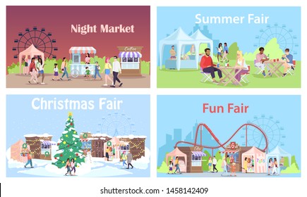 Fair market flat vector illustrations set. Night summer and Christmas street markets banner design. Outdoor local stores, shops and cafes on fairground. City festival, funfair attractions advertising