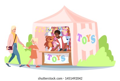 Fair market stall with toys flat vector illustration. Mother and daughter at circus fair, funfair trade tent with kids toys and seller cartoon characters. Amusement park, fairground attractions