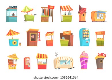 Fair And Market Street Food And Shop Kiosks, Small Temporary Stands For Sellers Set Of Cartoon Illustrations