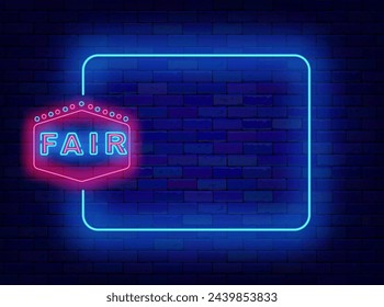 Fair neon announcement. Season shopping and amusement park. Empty turquoise frame and typography with vintage border. Copy space. Editable stroke. Vector stock illustration