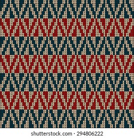Fair Pattern sweater design on the wool knitted texture. Red and blue Knitting Ornament