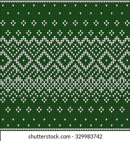 Fair Pattern sweater design on the wool knitted texture. Green Knitting Ornament, crochet