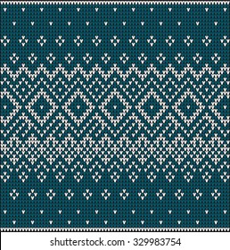 Fair Pattern sweater design on the wool knitted texture. Blue Knitting Ornament, crochet