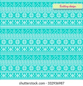 Fair Pattern sweater design on the wool knitted texture.Bright turquoise  Knitting Ornament, crochet
