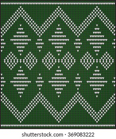 Fair Pattern sweater design on the wool knitted texture. Green  Knitting Ornament