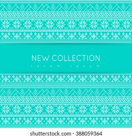 Fair Pattern sweater design on the wool knitted texture. Bright turquoise Knitting Ornament, crochet. 