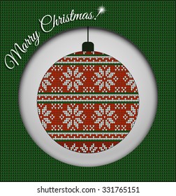 Fair Pattern sweater design, wool knitted texture on the Christmas tree ball. Red and green Knitting Ornament, crochet